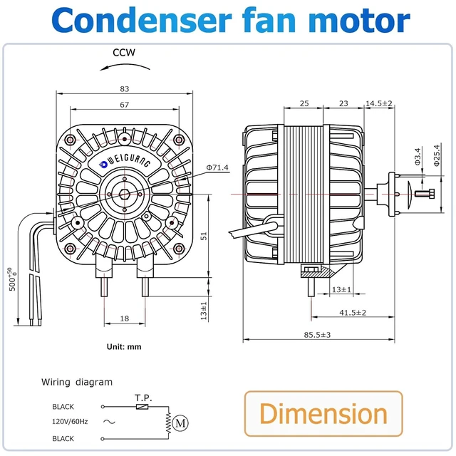 Alt view image 6 of 7 - YZF18-25 Fan AC Motor 120V, 18/70W, 1.01A, 60Hz, 1550RPM, Shaded Pole Condenser Motor for Refrigeration Equipment Radiator Evaporator Freezer