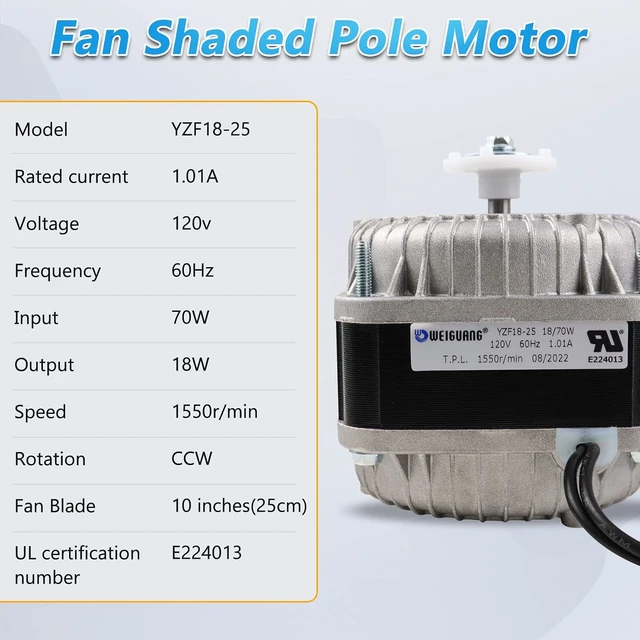 Alt view image 3 of 7 - YZF18-25 Fan AC Motor 120V, 18/70W, 1.01A, 60Hz, 1550RPM, Shaded Pole Condenser Motor for Refrigeration Equipment Radiator Evaporator Freezer