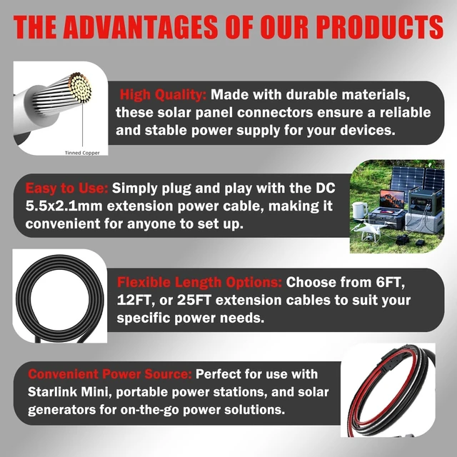 Alt view image 4 of 7 - Solar Connectors to DC 5.5 * 2.1mm Extension Power Cable for Starlink Mini, Solar Panels to DC 5521 Cord Cable for Portable Power Stations & Solar Generators (5FT)