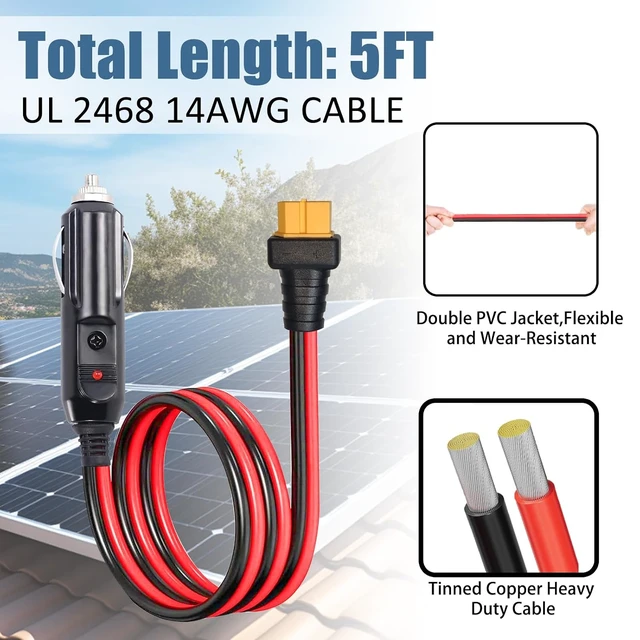 Alt view image 3 of 7 - Cigarette Lighter to XT60 Adapter Extension Cable, 14AWG 5FT 12V 24V Car Truck Charger and XT60 Female Connector Cable for Power Stations and Solar Generator (3.28FT)