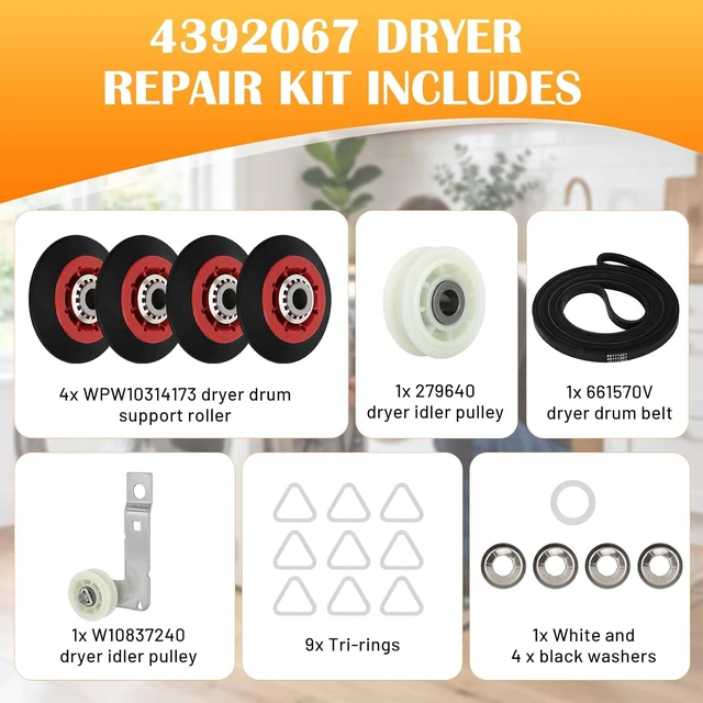 Alt view image 5 of 7 - 4392067 Dryer Repair Kit with W10837240 Dryer Idler Pulley, Fit for whirlpool Cabrio maytag Bravos XL kenmore Dryer, Includes WPW10314173 Drum Roller, 661570V Belt, 279640 Idler Pulley