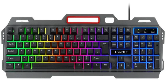 Alt view image 7 of 7 - T16 Wired Gaming Keyboard Metal Panel, USB RGB Backlit, Built-in Phone Holder, 104 Keys Mechanical Feel for PC & Laptop