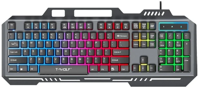 Main image of T16 Wired Gaming Keyboard Metal Panel, USB RGB Backlit, Built-in Phone Holder, 104 Keys Mechanical Feel for PC & Laptop