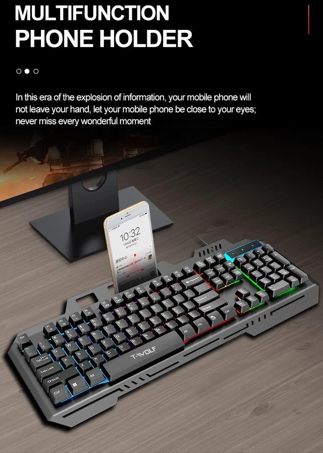 Alt view image 5 of 7 - T16 Wired Gaming Keyboard Metal Panel, USB RGB Backlit, Built-in Phone Holder, 104 Keys Mechanical Feel for PC & Laptop