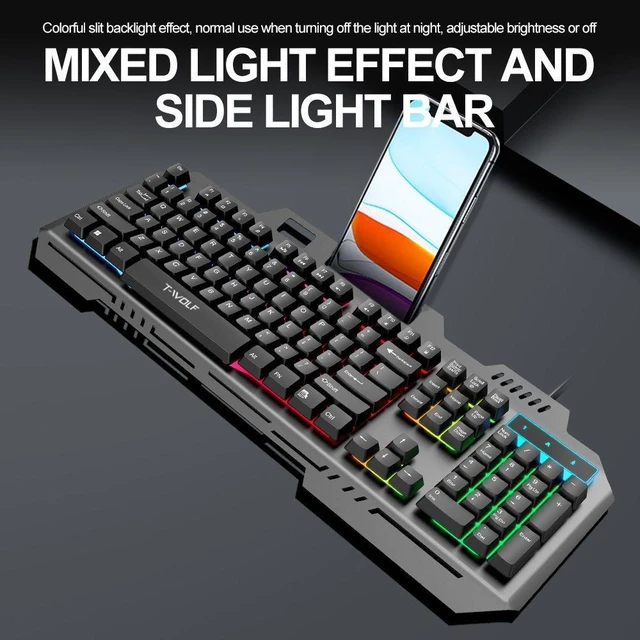 Alt view image 4 of 7 - T16 Wired Gaming Keyboard Metal Panel, USB RGB Backlit, Built-in Phone Holder, 104 Keys Mechanical Feel for PC & Laptop