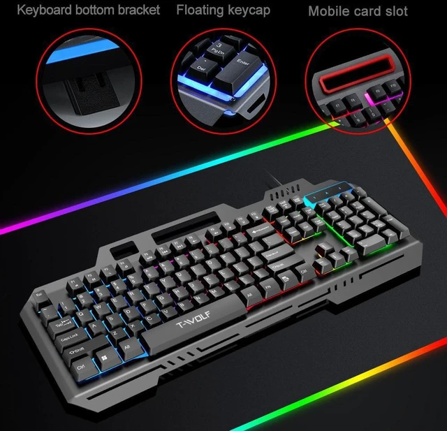 Alt view image 3 of 7 - T16 Wired Gaming Keyboard Metal Panel, USB RGB Backlit, Built-in Phone Holder, 104 Keys Mechanical Feel for PC & Laptop