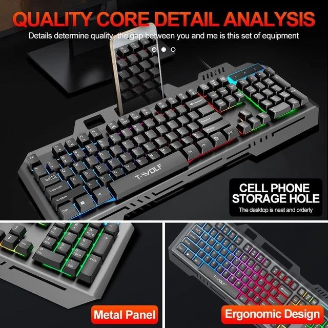 Alt view image 2 of 7 - T16 Wired Gaming Keyboard Metal Panel, USB RGB Backlit, Built-in Phone Holder, 104 Keys Mechanical Feel for PC & Laptop