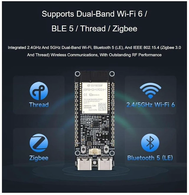 Alt view image 6 of 6 - ESP32-C5 Development Board 240MHz/5GHz Dual-Band Wi-Fi 6 Devkit with pre-soldered HeaderBased on ESP32-C5-WROOM-1 Series Module,Supports Dual-Band Wi-Fi 6 /BLE 5 / Thread/Zigbee
