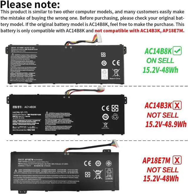 Alt view image 11 of 14 - LXHY AC14B8K Battery for Acer Predator Helios 300 N17C1 PH315-51 PH315-52 G3-571 N18Q13 Nitro 5 AN515 AN515-53 AN515-54 Aspire R5-471T R5-571T R5-571TG Chromebook CB5-571 Swift SF314 4ICP5/57/80