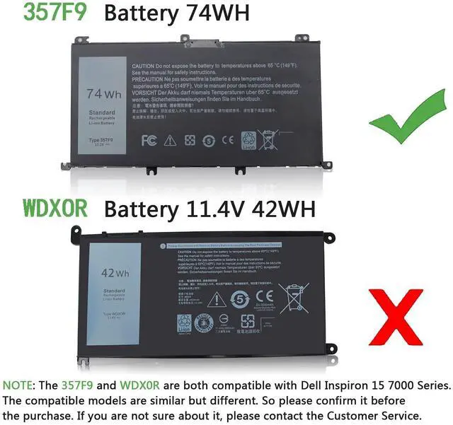 Alt view image 10 of 12 - 74WH 357F9 Battery Replacement for Dell Inspiron 15 7000 7559 7567 7566 7759 7557 5577 INS15PD Series INS15PD-1548B 1548R 1748B fits P57F P57F003 P65F 71JF4 0GFJ6