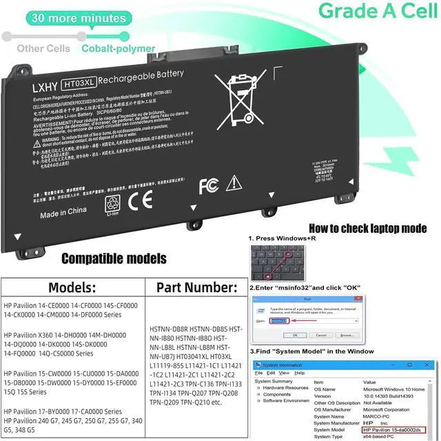 Alt view image 9 of 14 - 41.7Wh HT03XL L11421-422 Battery for HP Pavilion 14-CE 14-CF 14S-CF 14-DF 15-CS 15-DA 15-DB 15-DW 17-BY 17-CA Series 15-DA0014DX 15-CS0053CL L11421-2C2 L11421-422 HT03041XL HSTNN-UB7J HSTNN-DB8R
