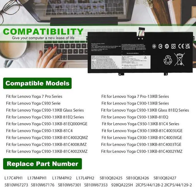 Alt view image 13 of 14 - LXHY L17C4PH1 L17M4PH1 L17M4PH2 L17L4PH2 Laptop Battery for Lenovo Yoga 7 Pro Pro-13IKB C930 C930-13 C930-13IK C930-13IKB C930-131KB 930-13IKB-81EQ 81C4 81EQ Series 5B10Q82425 5B10Q82426 5B10Q82427