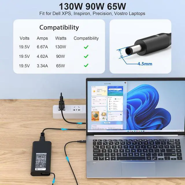 Alt view image 9 of 14 - LXHY 130W 4.5mm AC Adapter Laptop Charger Replacement for Dell XPS 15 7590 9530 9550 9560 9570 Precision 5510 5520 5530 5540 M2800 M3800 P/N HA130PM130 0V363H DA130PM130 06TTY6 0RN7NW