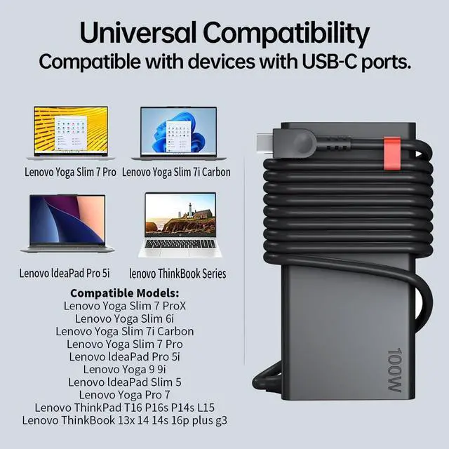 Alt view image 10 of 12 - 100W USB C Charger for Lenovo Yoga Slim 9 9i 7i Y9000 R9000 R7000P, ThinkBook 14 16 neo14 ADL100YCC3A ADL100YDC3A ADL100YLC3A ADLX65YDC2A Lenovo Laptop Charger USB Type C