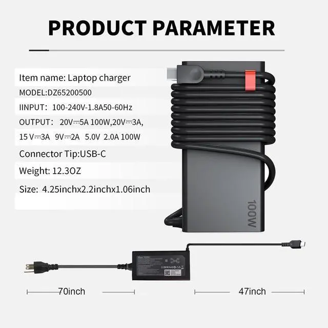 Alt view image 9 of 12 - 100W USB C Charger for Lenovo Yoga Slim 9 9i 7i Y9000 R9000 R7000P, ThinkBook 14 16 neo14 ADL100YCC3A ADL100YDC3A ADL100YLC3A ADLX65YDC2A Lenovo Laptop Charger USB Type C