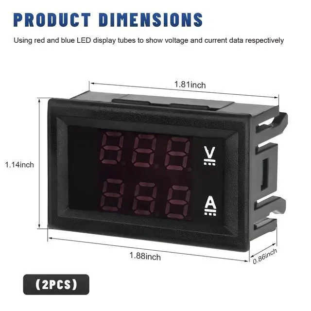 Alt view image 2 of 6 - 2 PCS 0.28" Digital Voltmeter Ammeter, DC 0-100V 10A Amp Volt Meter Gauge with Connect Wires, Mini Dual LED Display Panel Current Voltage Monitor Tester for EV Cars Boats