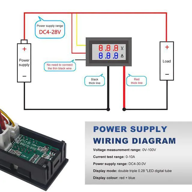 Alt view image 3 of 6 - 2 PCS 0.28" Digital Voltmeter Ammeter, DC 0-100V 10A Amp Volt Meter Gauge with Connect Wires, Mini Dual LED Display Panel Current Voltage Monitor Tester for EV Cars Boats