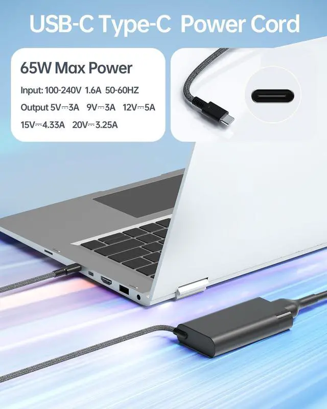 Alt view image 4 of 6 - 65W Slim USB C Laptop Charger, Type C PD Fast Charger Compatible with HP Spectre x360, Envy, EliteBook, Elite x2, OmniBook, Pavilion, Chromebook, Replacement AC Power Adapter