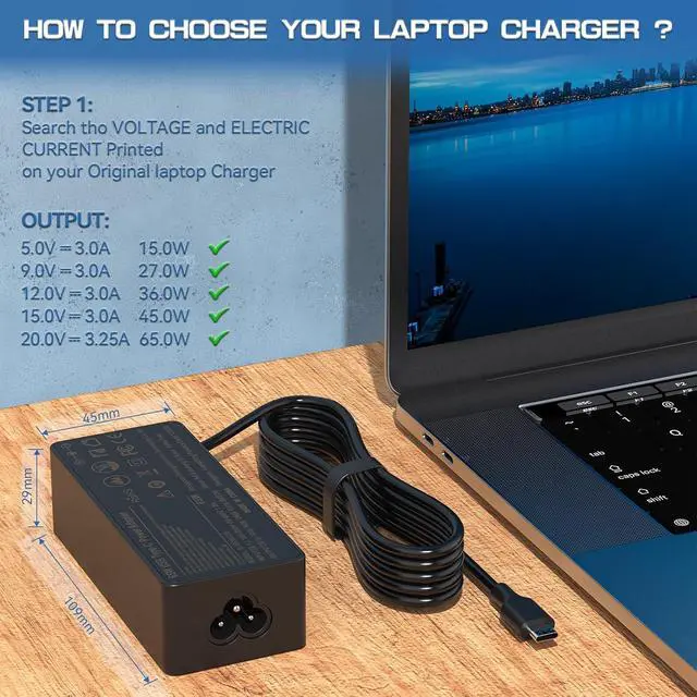 Alt view image 3 of 5 - 65W USB C Charger Compatible with Lenovo ThinkPad T480 T490 E480 Yoga C630 C740 C930 Chromebook 100e 300e 500e c330 Laptop Power Supply Cord