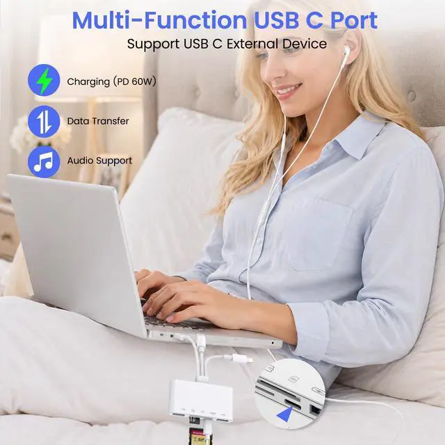 Alt view image 4 of 7 - 5-in-1 Memory Card Reader, USB OTG Adapter & SD Card Reader for iPhone iPad Mac USB C and USB A Devices with 5 Slots of PD 60W/Dual USB/TF/SD Card, Camera Adapter Supports SD/Micro SD/SDHC/SDXC/MMC