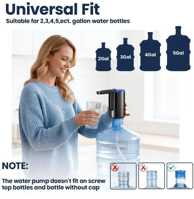 Alt view image 7 of 7 - Water Bottle Pump, Dual Motor High-Speed 5 Gallon Water Dispenser, Portable Electric Water Jug Pump with 3 Pumping Modes, Type-C Rechargeable, Universal Fit for 2-5 Gallon Bottle, Black