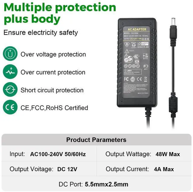 Alt view image 4 of 7 - 12V 4A Power Adapter - LeTaoXing AC 100-240V 50/60Hz to DC 12 Volt 4 Amp 48W Power Supply 12V/4A Charger for LED Strip Light LED Driver CCTV Security System