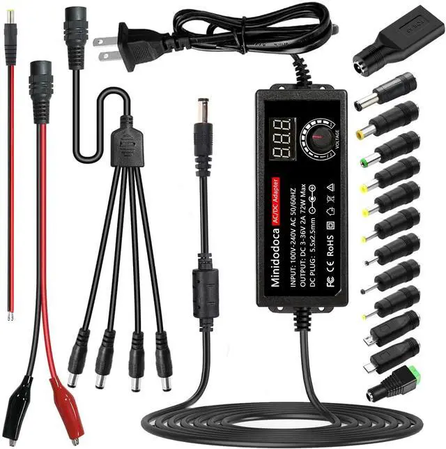 Main image of Universal Power Supply 3V~24V 3A 72W Adjustable Variable 3V 5V 9V 12V 18V 20V 24V AC/DC Adapter Charger, 100V-240V AC to DC Converter with 16 Tips,and 4-Way Power Splitter Cable