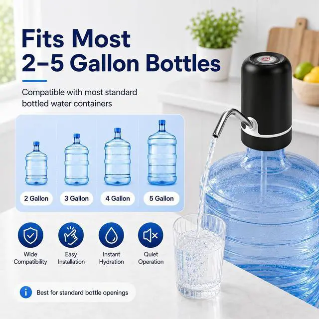 Alt view image 2 of 7 - 5 Gallon Water Dispenser Pump - Portable Rechargeable Electric Water Pump for 5 Gallon Jug with USB Charging, Automatic Water Bottle Dispenser for Home, Office, Kitchen, Travel, Camping (Black)