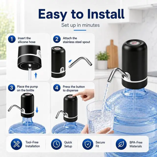 Alt view image 4 of 7 - 5 Gallon Water Dispenser Pump - Portable Rechargeable Electric Water Pump for 5 Gallon Jug with USB Charging, Automatic Water Bottle Dispenser for Home, Office, Kitchen, Travel, Camping (Black)