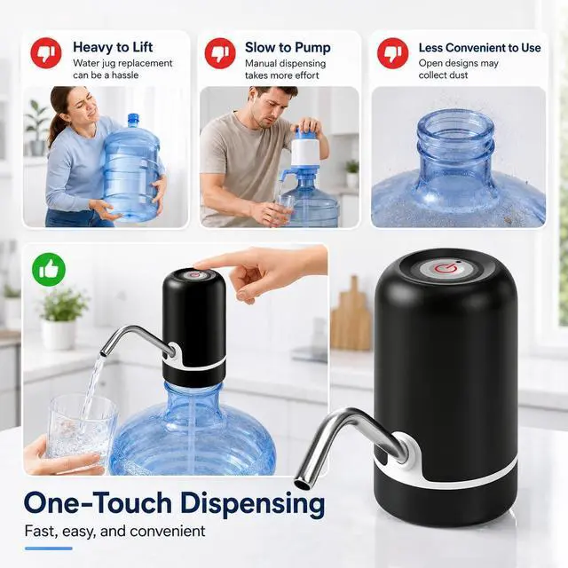 Alt view image 3 of 7 - 5 Gallon Water Dispenser Pump - Portable Rechargeable Electric Water Pump for 5 Gallon Jug with USB Charging, Automatic Water Bottle Dispenser for Home, Office, Kitchen, Travel, Camping (Black)