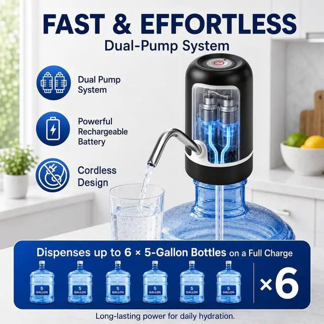 Alt view image 6 of 7 - 5 Gallon Water Dispenser Pump - Portable Rechargeable Electric Water Pump for 5 Gallon Jug with USB Charging, Automatic Water Bottle Dispenser for Home, Office, Kitchen, Travel, Camping (Black)