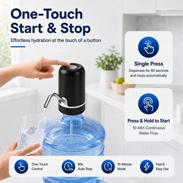 Alt view image 5 of 7 - 5 Gallon Water Dispenser Pump - Portable Rechargeable Electric Water Pump for 5 Gallon Jug with USB Charging, Automatic Water Bottle Dispenser for Home, Office, Kitchen, Travel, Camping (Black)