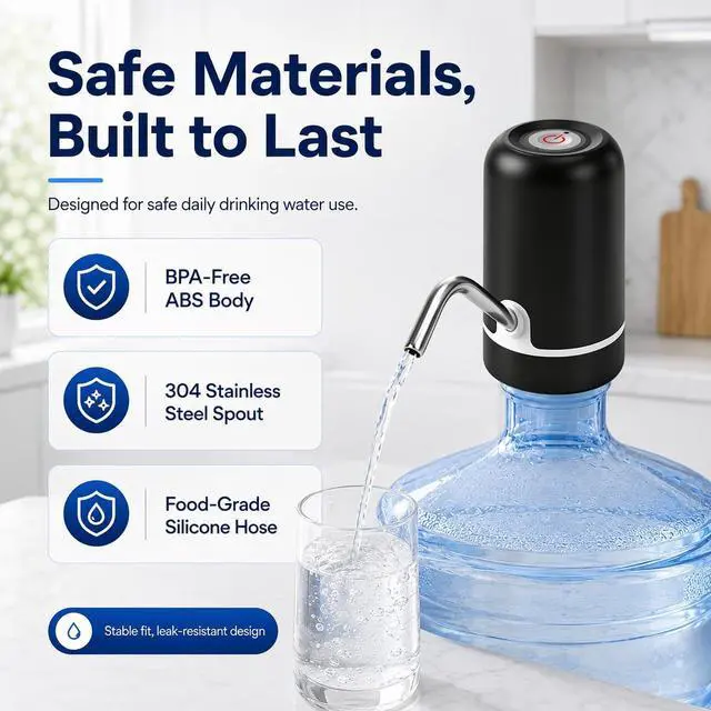 Alt view image 7 of 7 - 5 Gallon Water Dispenser Pump - Portable Rechargeable Electric Water Pump for 5 Gallon Jug with USB Charging, Automatic Water Bottle Dispenser for Home, Office, Kitchen, Travel, Camping (Black)