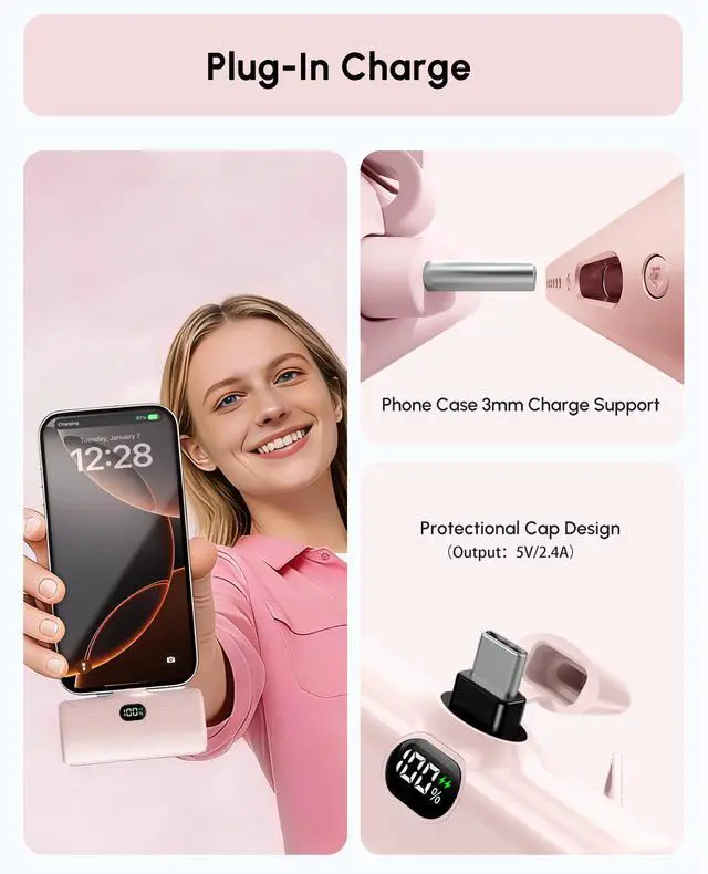 Alt view image 2 of 7 - Pink USB C Power Bank Portable Charger 5000mah with Kickstand for iPhone 17,Type-c Battery Pack Charger with Digital Display for iPhone 16/Samsung/Android phones, Pinky Gift for Her Phones