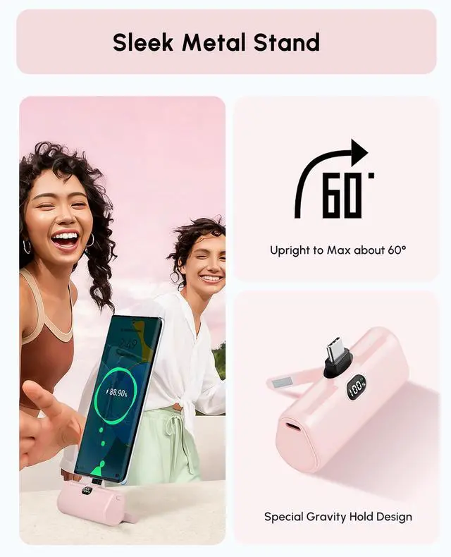 Alt view image 4 of 7 - Pink USB C Power Bank Portable Charger 5000mah with Kickstand for iPhone 17,Type-c Battery Pack Charger with Digital Display for iPhone 16/Samsung/Android phones, Pinky Gift for Her Phones
