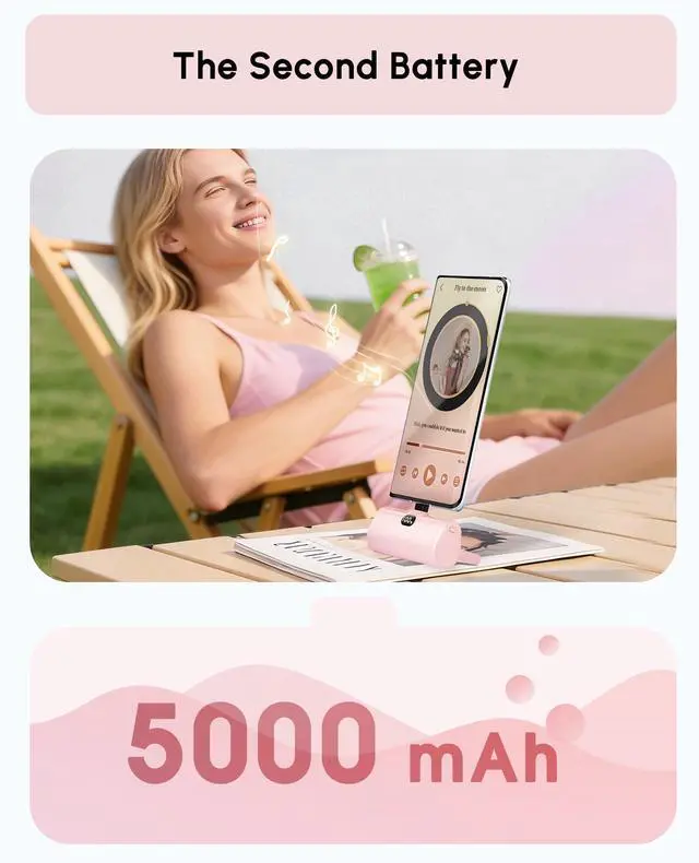 Alt view image 3 of 7 - Pink USB C Power Bank Portable Charger 5000mah with Kickstand for iPhone 17,Type-c Battery Pack Charger with Digital Display for iPhone 16/Samsung/Android phones, Pinky Gift for Her Phones