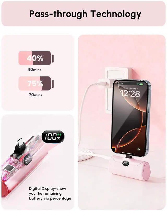 Alt view image 7 of 7 - Pink USB C Power Bank Portable Charger 5000mah with Kickstand for iPhone 17,Type-c Battery Pack Charger with Digital Display for iPhone 16/Samsung/Android phones, Pinky Gift for Her Phones