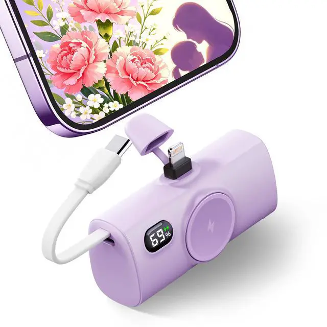 Main image of Mini Purple Power Bank Compatible for Lightning Port,100g 5000mah Small Portable Charger for iPhone 14 Plus/14/14 Pro Max,Battery Pack with Digital Display Compatible With iPhone 13/12/14 series