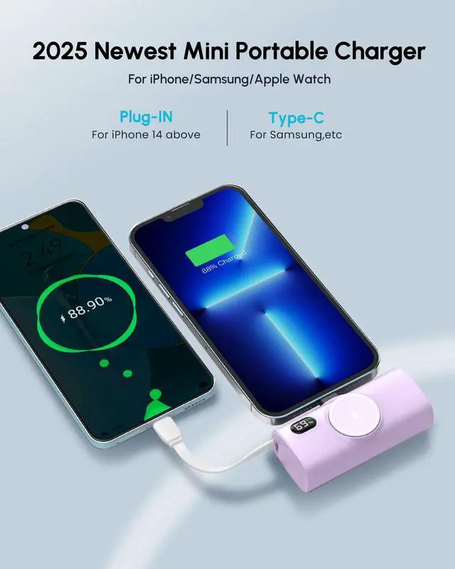 Alt view image 2 of 7 - Mini Purple Power Bank Compatible for Lightning Port,100g 5000mah Small Portable Charger for iPhone 14 Plus/14/14 Pro Max,Battery Pack with Digital Display Compatible With iPhone 13/12/14 series