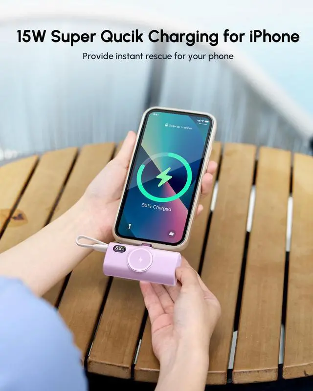 Alt view image 4 of 7 - Mini Purple Power Bank Compatible for Lightning Port,100g 5000mah Small Portable Charger for iPhone 14 Plus/14/14 Pro Max,Battery Pack with Digital Display Compatible With iPhone 13/12/14 series