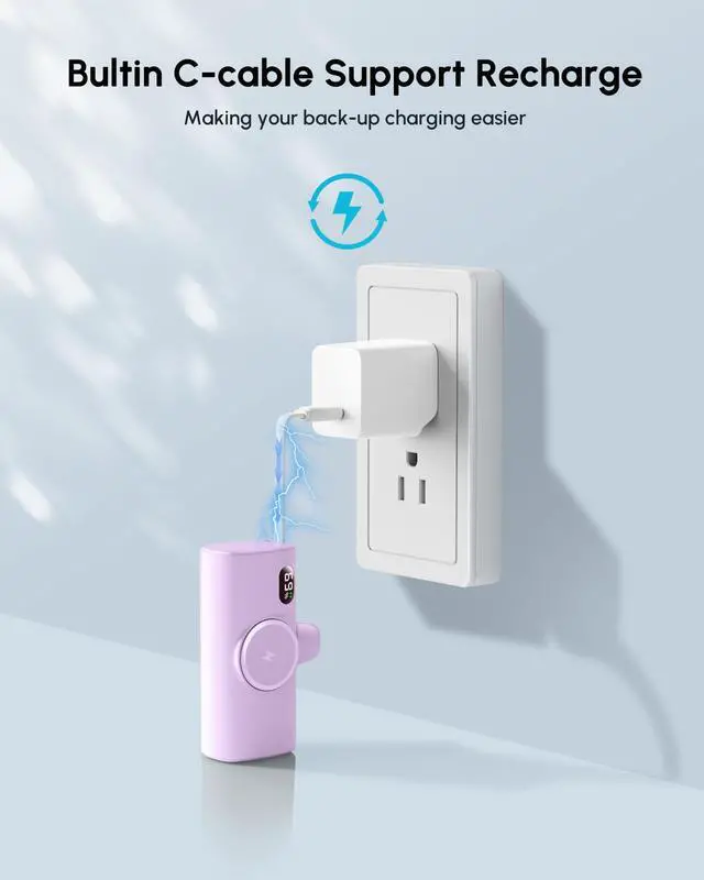 Alt view image 6 of 7 - Mini Purple Power Bank Compatible for Lightning Port,100g 5000mah Small Portable Charger for iPhone 14 Plus/14/14 Pro Max,Battery Pack with Digital Display Compatible With iPhone 13/12/14 series