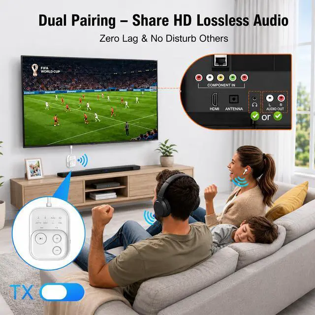 Alt view image 3 of 7 - 2026 Pro Bluetooth 6.0 Audio Transmitter Receiver | Bluetooth Adapter for TV/Airplane/Gym/Car/Home Stereo to Wireless Headphones,Stable Connection, Clear Sound & Low Latency, Dual Link & 33FT Range