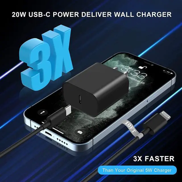 Alt view image 2 of 7 - iPhone11 12 13 14 Fast Charger,2Pack 20W iPhone Charger Fast Charging Block Adapter with 10FT USB-C to Lightning Data Sync Charging Cord for iPhone 14 13 12 11 Pro Max Xs Xr X 8