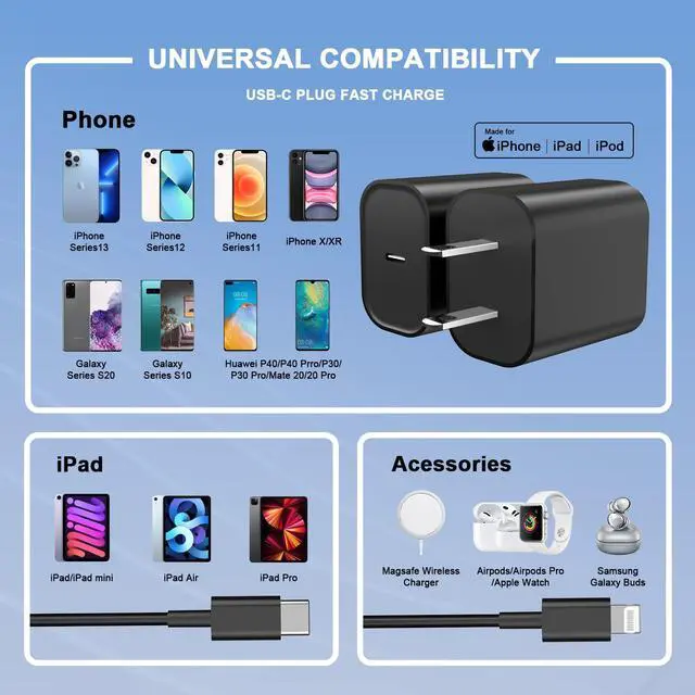 Alt view image 7 of 7 - iPhone11 12 13 14 Fast Charger,2Pack 20W iPhone Charger Fast Charging Block Adapter with 10FT USB-C to Lightning Data Sync Charging Cord for iPhone 14 13 12 11 Pro Max Xs Xr X 8