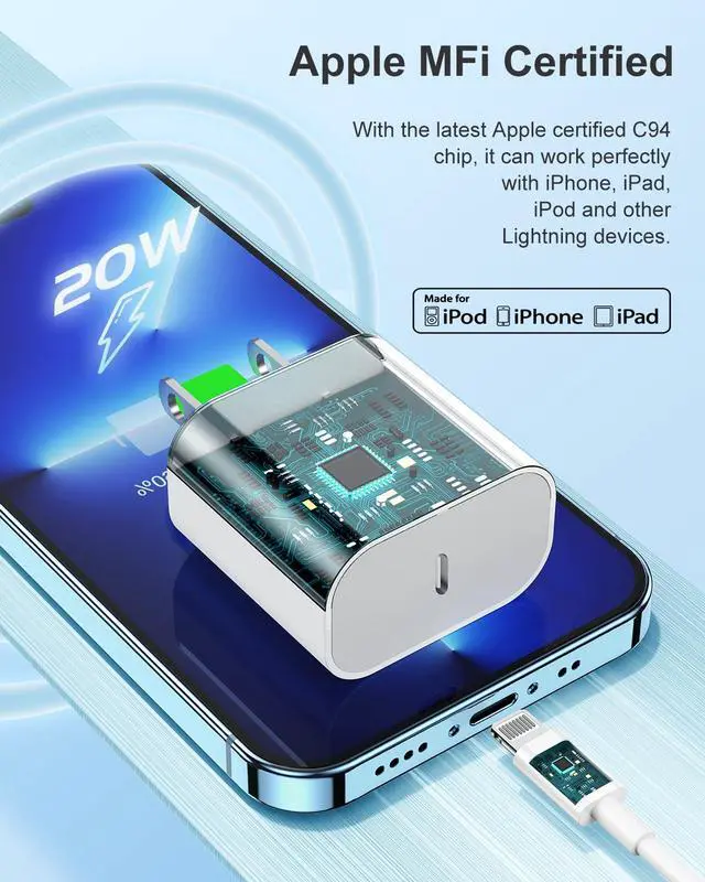 Alt view image 4 of 7 - 2Pack iPhone Charger Fast Charging,20W Fast PD USB C Wall Charger Adapter with 10Ft USB C to Lightning Cable Compatible for iPhone 14/14 Plus/14 Pro/14 Pro Max/13/ White