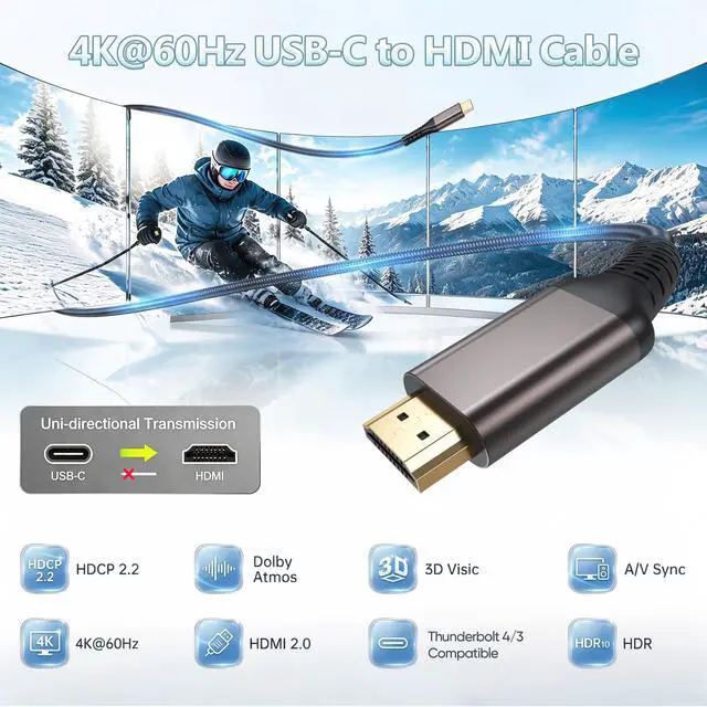 Alt view image 2 of 7 - 4K USB-C to HDMI Cable 6FT, 4K@60Hz High-Speed Type C to HDMI 2.0 Cord, Thunderbolt 5/4/3 Compatible, for iPhone 17/16, MacBook Neo/Pro, iPad Pro/Air, Galaxy S25, Chromebooks, Surface, Braided