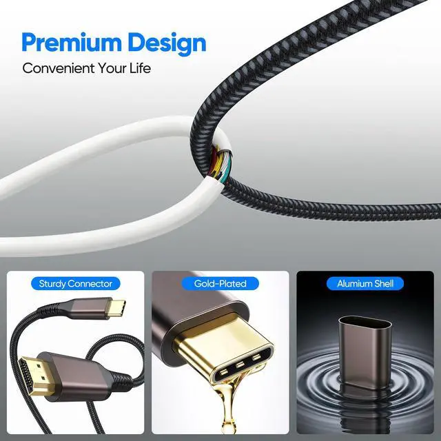 Alt view image 3 of 7 - 4K USB-C to HDMI Cable 6FT, 4K@60Hz High-Speed Type C to HDMI 2.0 Cord, Thunderbolt 5/4/3 Compatible, for iPhone 17/16, MacBook Neo/Pro, iPad Pro/Air, Galaxy S25, Chromebooks, Surface, Braided