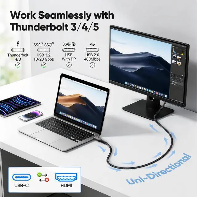 Alt view image 6 of 7 - 4K USB-C to HDMI Cable 6FT, 4K@60Hz High-Speed Type C to HDMI 2.0 Cord, Thunderbolt 5/4/3 Compatible, for iPhone 17/16, MacBook Neo/Pro, iPad Pro/Air, Galaxy S25, Chromebooks, Surface, Braided