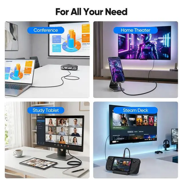 Alt view image 7 of 7 - 4K USB-C to HDMI Cable 6FT, 4K@60Hz High-Speed Type C to HDMI 2.0 Cord, Thunderbolt 5/4/3 Compatible, for iPhone 17/16, MacBook Neo/Pro, iPad Pro/Air, Galaxy S25, Chromebooks, Surface, Braided