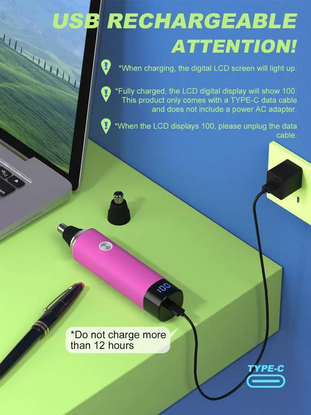 Alt view image 3 of 7 - Nose Hair Trimmer for Women and MenRechargeable with LED Display,2 in 1 Painless Multifunctional Ear and Nose Trimmer with IPX7 Waterproof Dual Edge Blades-Magenta